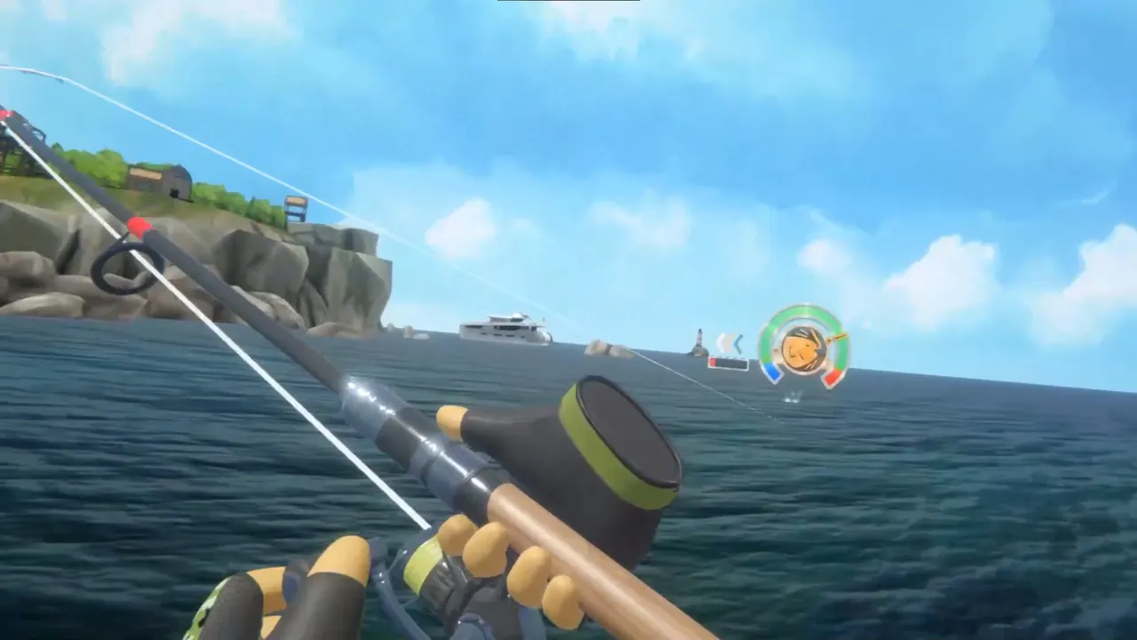 A first-person player casts a fishing rod over a tropical sea in All-In-One Summer Sports VR