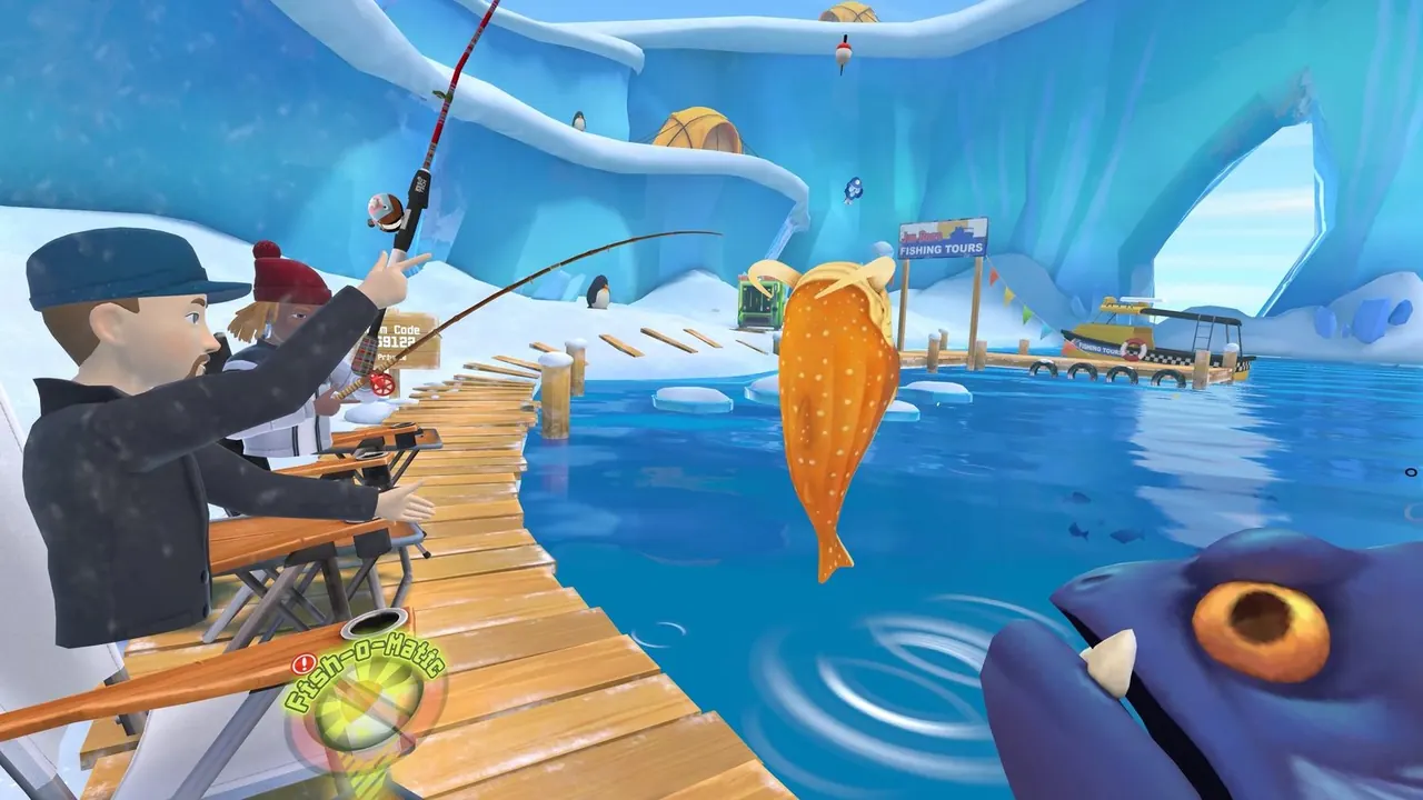 VR avatars land a bright orange fish from an icy dock in Bait!