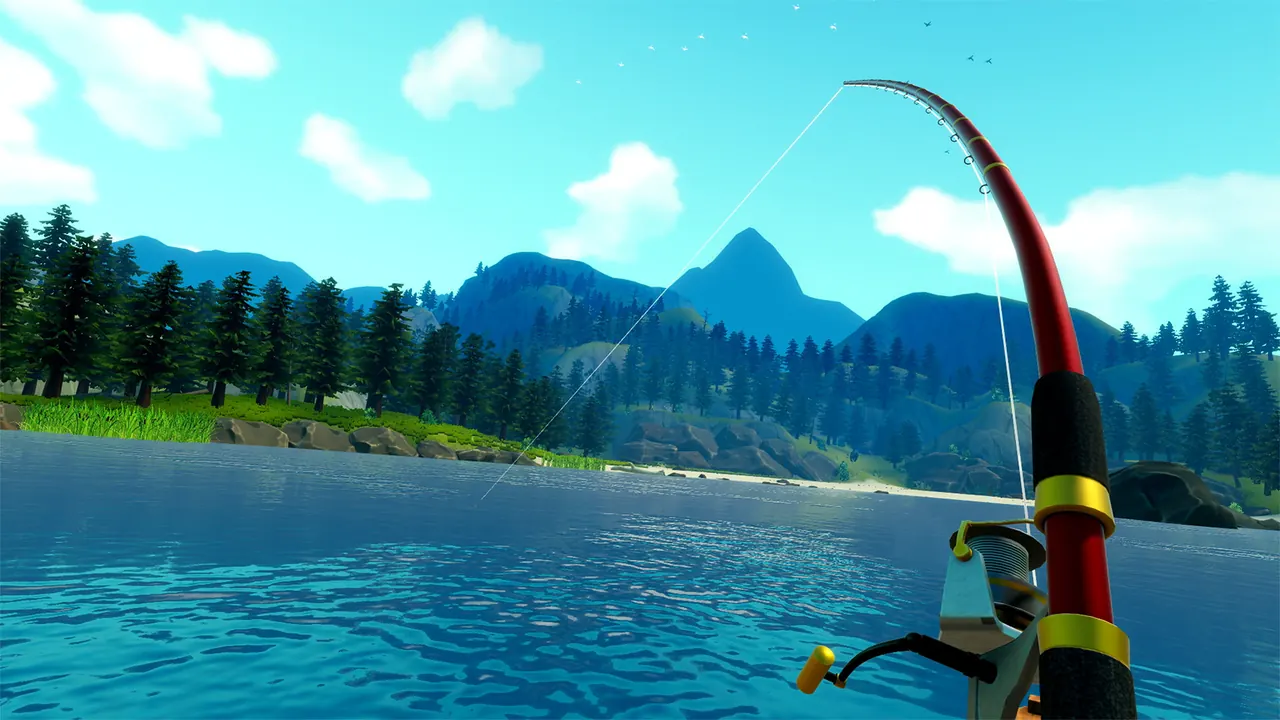 A fishing rod bends over a bright mountain lake in Catch & Release