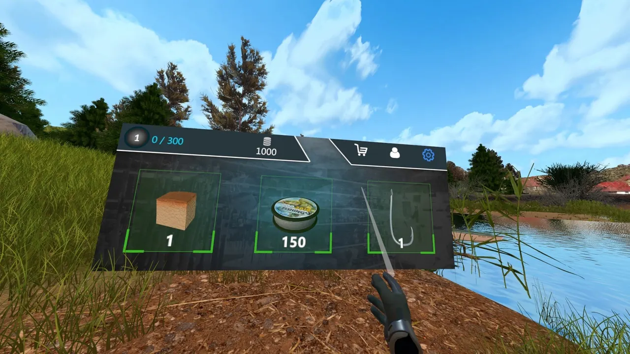A tackle selection menu floats beside a grassy lake in Fishing Adventure VR
