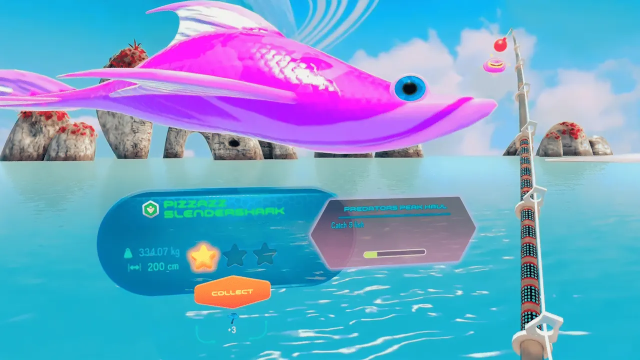 A vivid pink alien fish swims near the rod in Galactic Catch