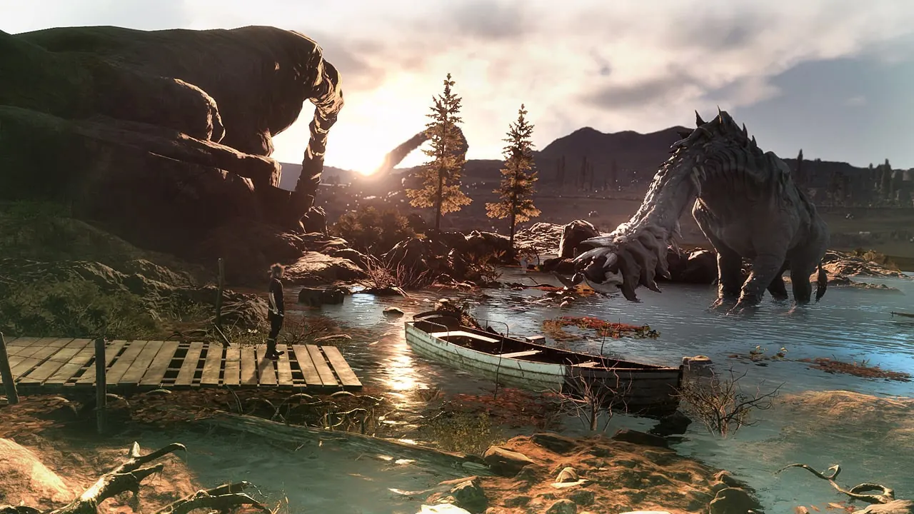 An angler faces a giant creature from a boat at sunset in Monster of the Deep