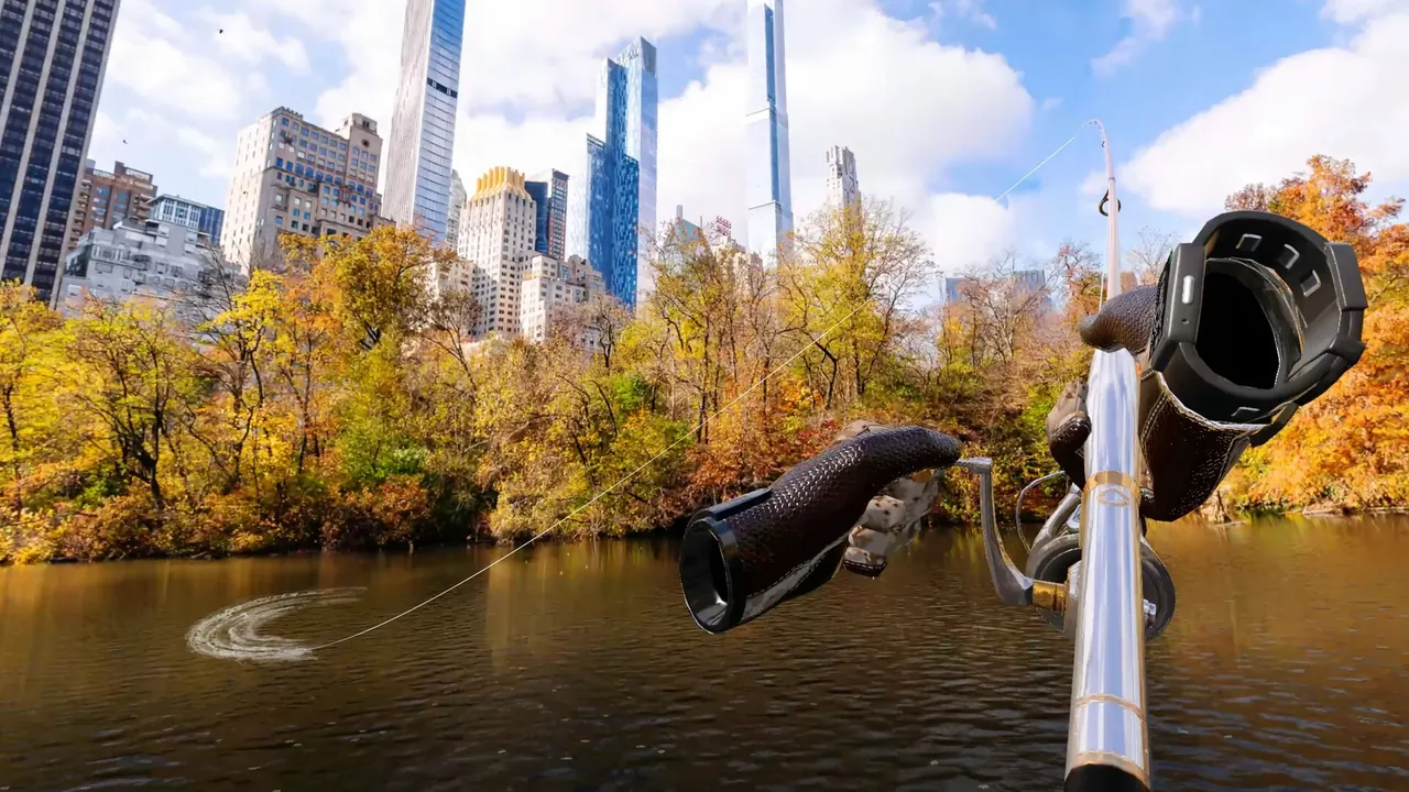 A first-person angler holds a rod beside an autumn lake and city skyline in Real VR Fishing