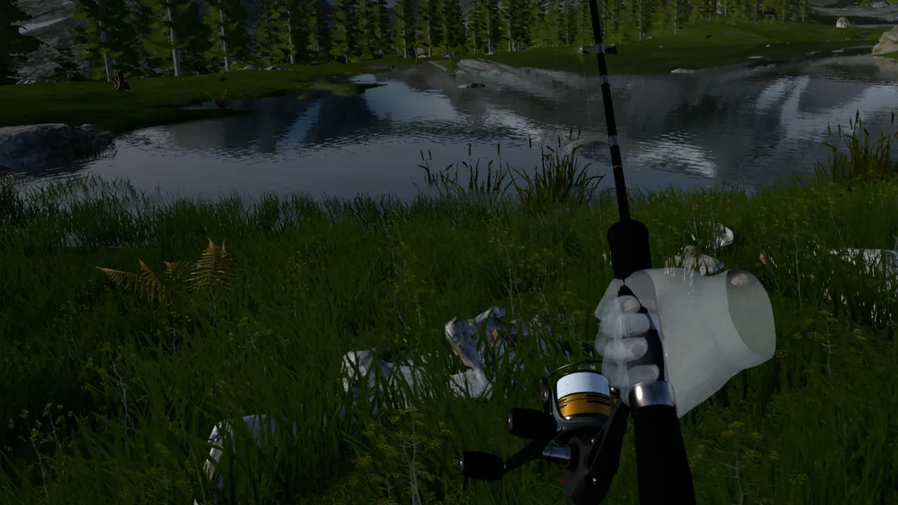 Gloved hands hold a rod beside a rushing river in Ultimate Fishing Simulator VR